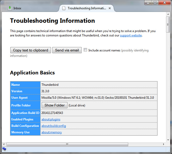 Mozilla Thunderbird Troubleshooting Information