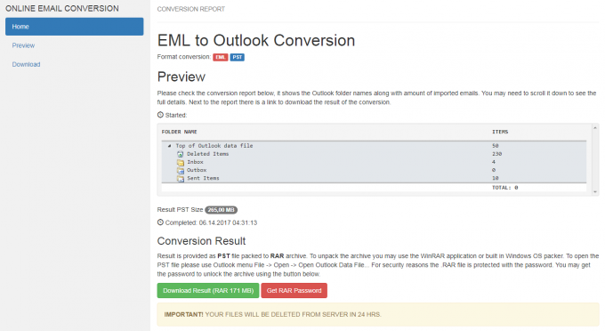 IncrediMail to PST conversion report example